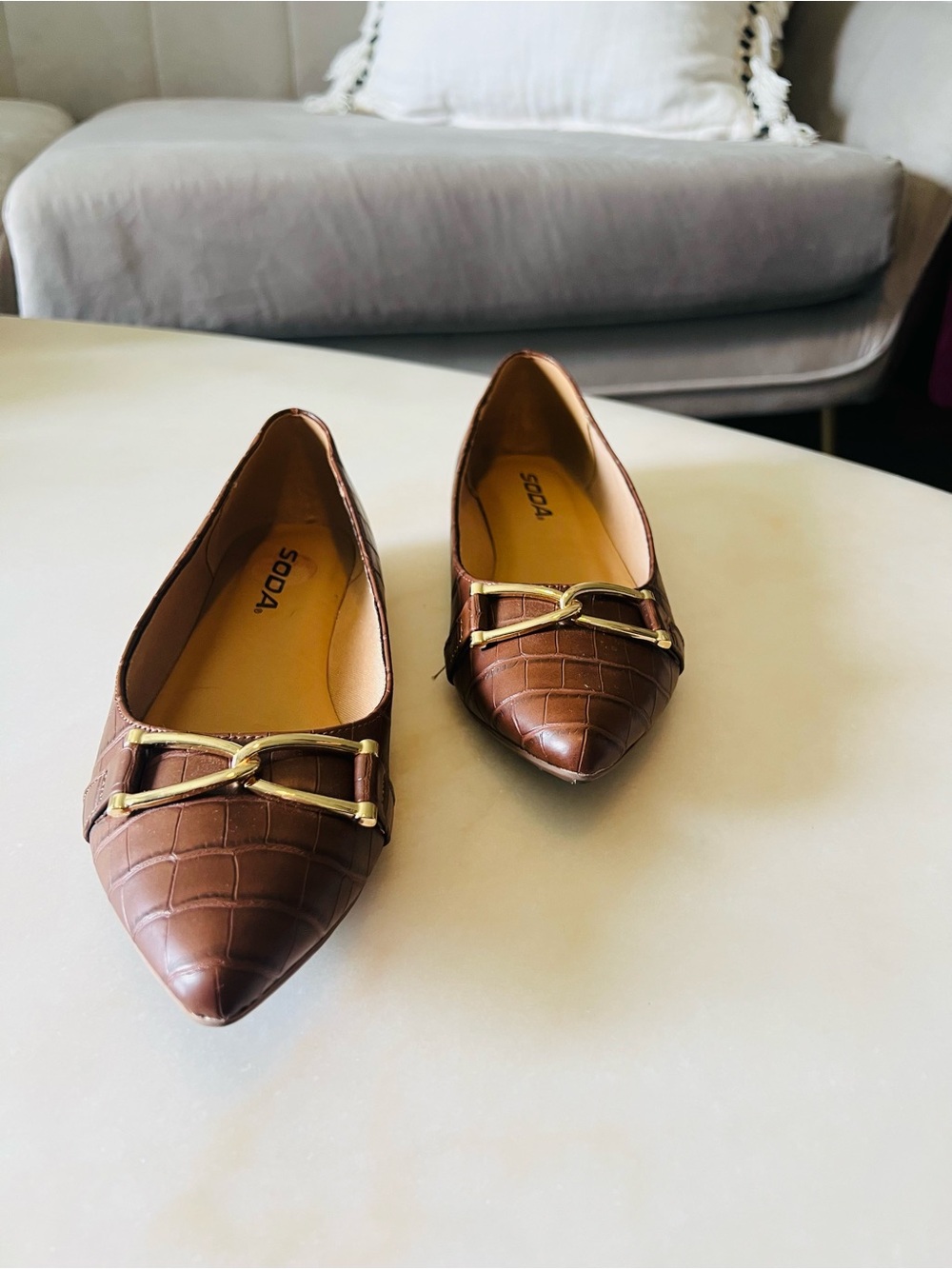 SODA Brown Croc-Embossed Pointed Flats with Gold Buckle - Picture 3 of 4